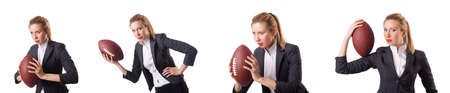 Preety office employee with rugby ball isolated on whiteの写真素材
