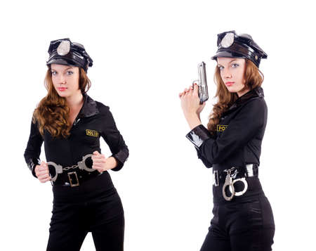 Woman police with handcuffs on whiteの写真素材