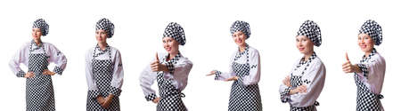 Woman chef in collages on whiteの写真素材