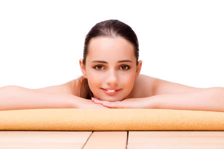 Young beautiful woman in health concept on white backgroundの写真素材