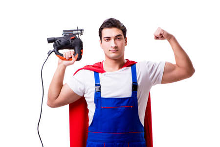 Superhero repairman isolated on white backgroundの写真素材
