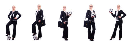 Woman with football on whiteの写真素材