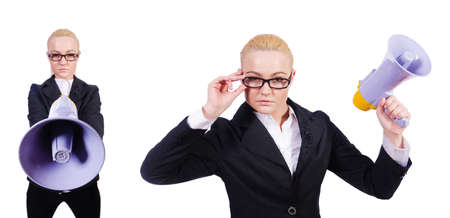 Woman businesswoman with loudspeaker on whiteの写真素材
