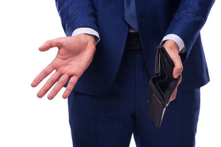 Bankrupt broke businessman with empty wallet on white backgroundの写真素材