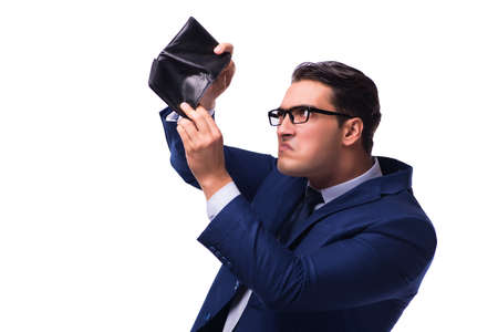 Bankrupt broke businessman with empty wallet on white backgroundの写真素材