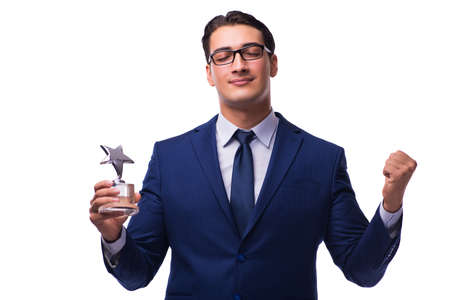 Businessman with star award isolated on whiteの写真素材