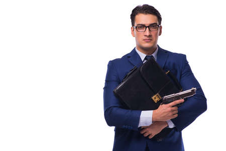 Businessman with gun isolated on whiteの写真素材