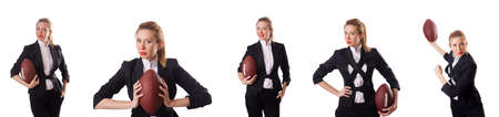 Preety office employee with rugby ball isolated on whiteの写真素材