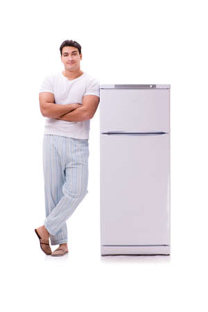 Young handsome next to bridge isolated on white backgroundの写真素材