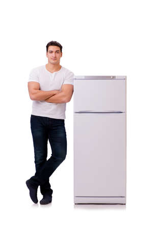 Young handsome next to bridge isolated on white backgroundの写真素材