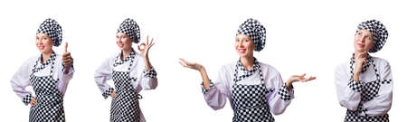 Woman chef in collages on whiteの写真素材