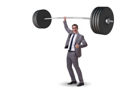 Businessman with barbell in heavy lifting conceptの写真素材