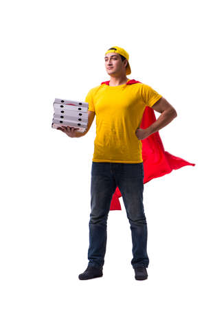 Super hero pizza delivery guy isolated on whiteの写真素材