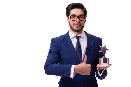 Hipster businessman receiving award isolated on whiteの写真素材