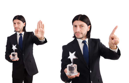 Businessman with star award isolated on whiteの写真素材