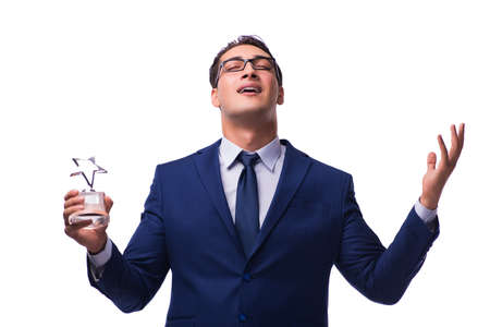 Businessman with star award isolated on whiteの写真素材