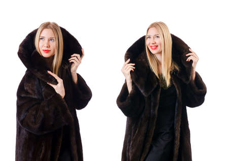 Tall model wearing fur coatの写真素材