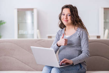 Pregnant woman working on laptop sitting on sofaの写真素材