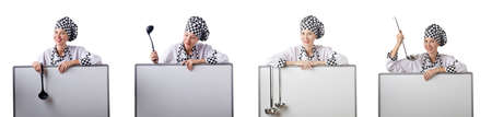 Woman chef in collages on whiteの写真素材