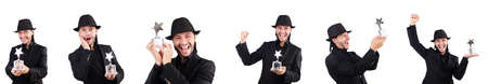 Businessman with star award isolated on whiteの写真素材