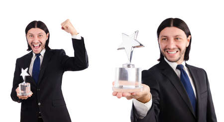 Businessman with star award isolated on whiteの写真素材