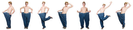 Funny man with trousers isolated on whiteの写真素材