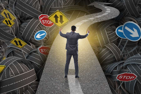 Businessman in uncertainty concept on road intersection crossroaの写真素材