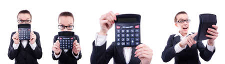 Funny accountant with calculator on whiteの写真素材