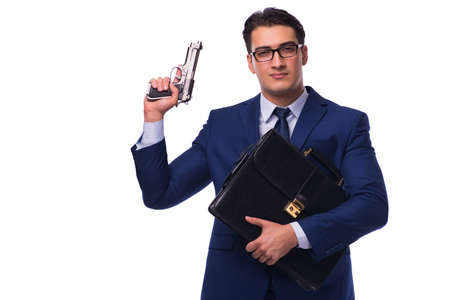 Businessman with gun isolated on whiteの写真素材
