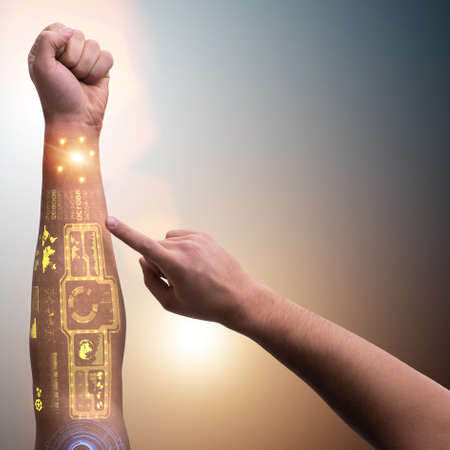 Human robotic hand in futuristic concept