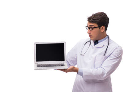Doctor with laptop isolated on white backgroundの写真素材