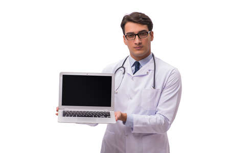 Doctor with laptop isolated on white backgroundの写真素材