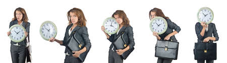 Businesswoman with clock isolated on whiteの写真素材