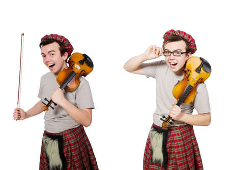 Funny scotsman with violin on whiteの写真素材