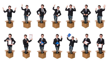 Funny man with boxes isolated on whiteの写真素材