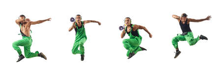 Construction worker jumping and dancingの写真素材