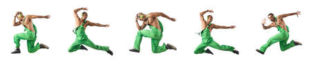 Construction worker jumping and dancingの写真素材