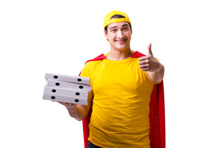Super hero pizza delivery guy isolated on whiteの写真素材