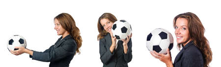 Businesswoman with football on whiteの写真素材