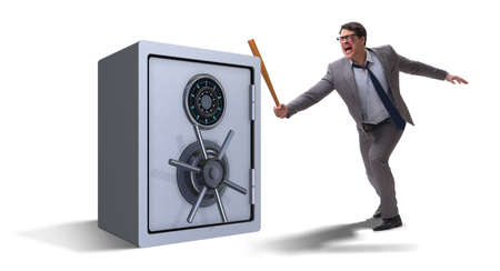 Angry man with baseball bat hitting money safeの写真素材