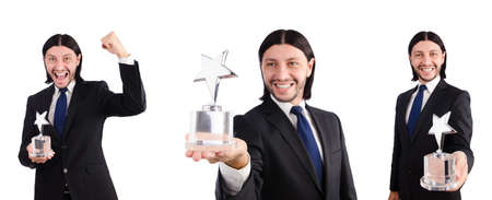 Businessman with star award isolated on whiteの写真素材