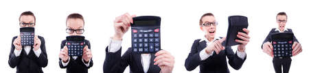 Funny accountant with calculator on whiteの写真素材