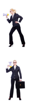 Woman businesswoman with loudspeaker on whiteの写真素材