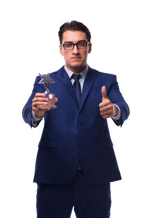 Businessman with star award isolated on whiteの写真素材