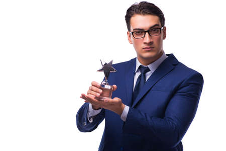Businessman with star award isolated on whiteの写真素材