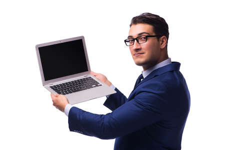 Businessman with laptop isolated on whiteの写真素材