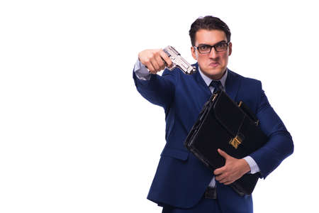 Businessman with gun isolated on whiteの写真素材