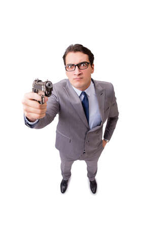 Businessman with handgun isolated on the white backgroundの写真素材