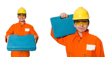 Man in orange coveralls isolated on white