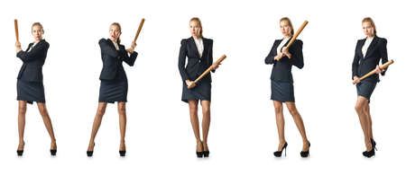 Businesswoman with baseball bat on whiteの写真素材